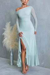 Asymmetric Shoulder Long Sleeves Slit Ruffle Maxi Dress