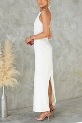 Halter Sleeveless Back Slit Waisted Maxi Dress