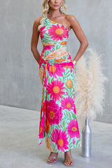 One Shoulder Sleeveless Floral Print Draped Maxi Dress