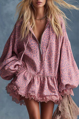 Elegant Western Hooded Front Zipper Ruffled Hem Pink Leopard Print Fuax Suede Mini Dress