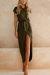Heididress Short Sleeve Tie Waist Slit Midi Dress