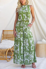 Elastic Waist Floral Print Pocketed Wide Leg Pants