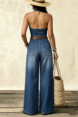 Blue 1930s Lapel Sleeveless Wideleg Denim Jumpsuit
