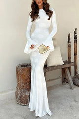 Heididress Bell Long Sleeves Backless Lace-up Shell Print Maxi Dress