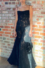 Heididress Spaghetti Strap Back Lace-up Applique Flower Lace Maxi Dress