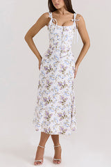 Heididress Bow Shoulder Back Lace-up Floral Print Midi Cami Dress