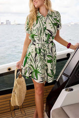Short Sleeves Button Down Tie Waist Printed Mini Shirt Dress
