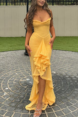 Heididress Spaghetti Strap Frill Trim Draped Slit Maxi Dress
