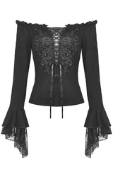 Gothic Lace-Up Off-Shoulder Top with Flared Lace Sleeves