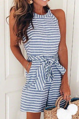 Heididress Crewneck Sleeveless Bow-knot Striped Romper