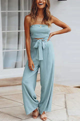 Heididress Off Shoulder Bow Tie Waist Wide Leg Jumpsuit