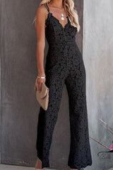 Heididress Solid V Neck Waisted Cami Lace Jumpsuit