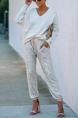 Heididress Tie Waist Sequin Joggers Pants with Pockets