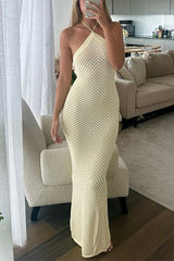 Heididress Halter Open Back Hollow Out Knit Bodycon Maxi Dress