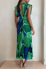 Heididress V Neck Waisted Back Cut Out Printed Maxi Pleated Dress