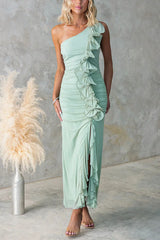 Heididress One Shoulder Slit Ruched Ruffle Mesh Maxi Dress