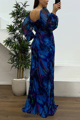 Heididress Off Shoulder Lantern Long Sleeves Printed Slit Pleated Maxi Dress