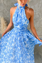 Bow Neck Halter Backless Floral Print Maxi Dress