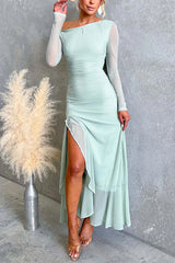 Asymmetric Shoulder Long Sleeves Slit Ruffle Maxi Dress