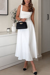 Sleeveless Square Neck Waisted Swing Maxi Dress