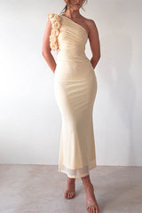 Frill One Shoulder Sleeveless Cut Out Waist Mesh Maxi Dress
