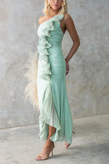 Heididress One Shoulder Slit Ruched Ruffle Mesh Maxi Dress