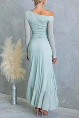 Asymmetric Shoulder Long Sleeves Slit Ruffle Maxi Dress