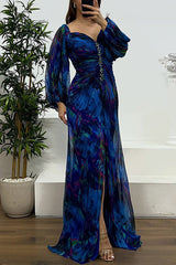 Heididress Off Shoulder Lantern Long Sleeves Printed Slit Pleated Maxi Dress