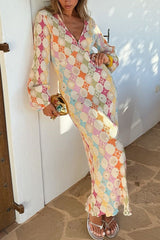 Heididress V Neck Lantern Sleeves Geometric Print Maxi Dress