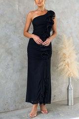 Heididress One Shoulder Slit Ruffle Mesh Maxi Dress