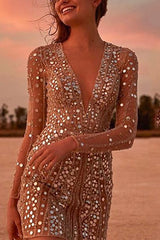 Heididress Deep V Neck Mesh Sleeve Mini Sequin Club Dress