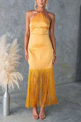Heididress Halter Neck Patchwork Fringe Hem Satin Maxi Dress