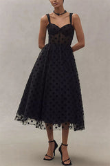 Heididress V Neck Mesh Polka Dot A-line Midi Cami Dress
