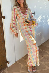 Heididress V Neck Lantern Sleeves Geometric Print Maxi Dress