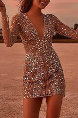 Heididress Deep V Neck Mesh Sleeve Mini Sequin Club Dress