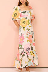 Heididress Square Collar Puff Sleeves Floral Print Cotton Linen Ruffle Maxi Dress