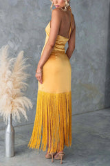 Heididress Halter Neck Patchwork Fringe Hem Satin Maxi Dress