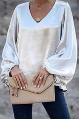 Heididress V Neck Lantern Sleeve Solid Loose Top