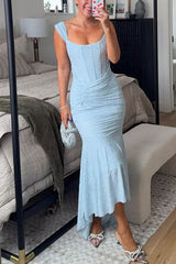 Heididress Sleeveless Ruched Waist Ruffle Hem Jacquard Maxi Dress