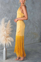 Heididress Halter Neck Patchwork Fringe Hem Satin Maxi Dress