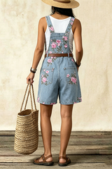 Blue 1960s Denim Floral Pocket Wide Strap Romper