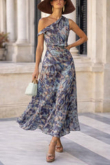 Asymmetrical Shoulder Printed Ruffle Hem Flowy Maxi Dress