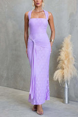 Square Neck Sleeveless Ruched Knot Lace Maxi Dress