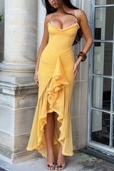 Heididress Spaghetti Strap Frill Trim Draped Slit Maxi Dress