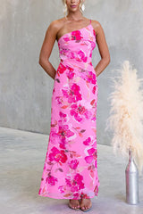 One Shoulder Sleeveless Floral Print Slit Maxi Dress