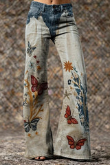 Women's Retro Butterfly And Floral Art Print Casual Washed Cotton Pants