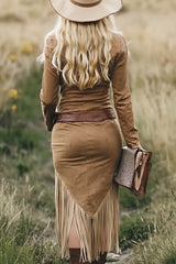 Retro Western Lapel Zipper Long Sleeve Tassel Midi Dress