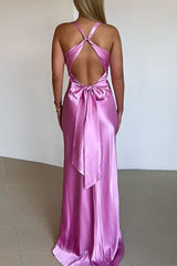 Heididress V Neck Back Tie Bow Cut Out Satin Maxi Dress