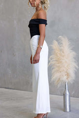 Off Shoulder Zipper Back Color Block Maxi Dress
