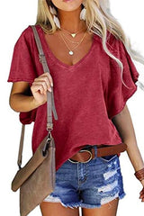 Heididress V Neck Ruffle Sleeves Loose T Shirt